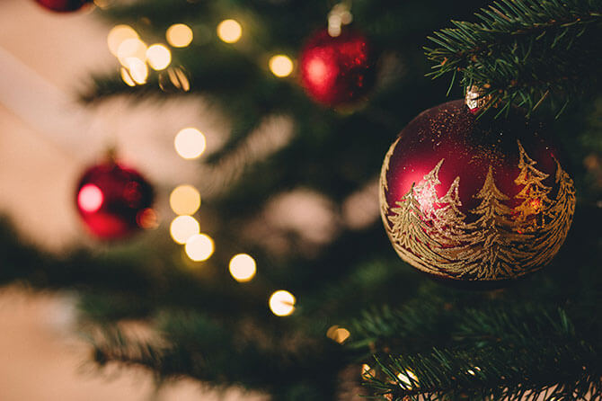 A shiny red bauble hanging on green Christmas tree