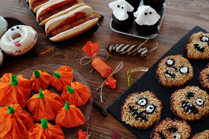 Variety of Halloween-themed food on a table