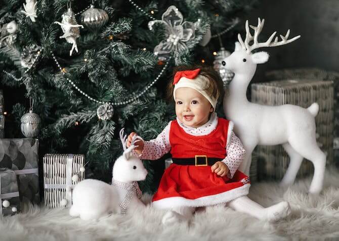 baby in Christmas clothing sitting under the tree